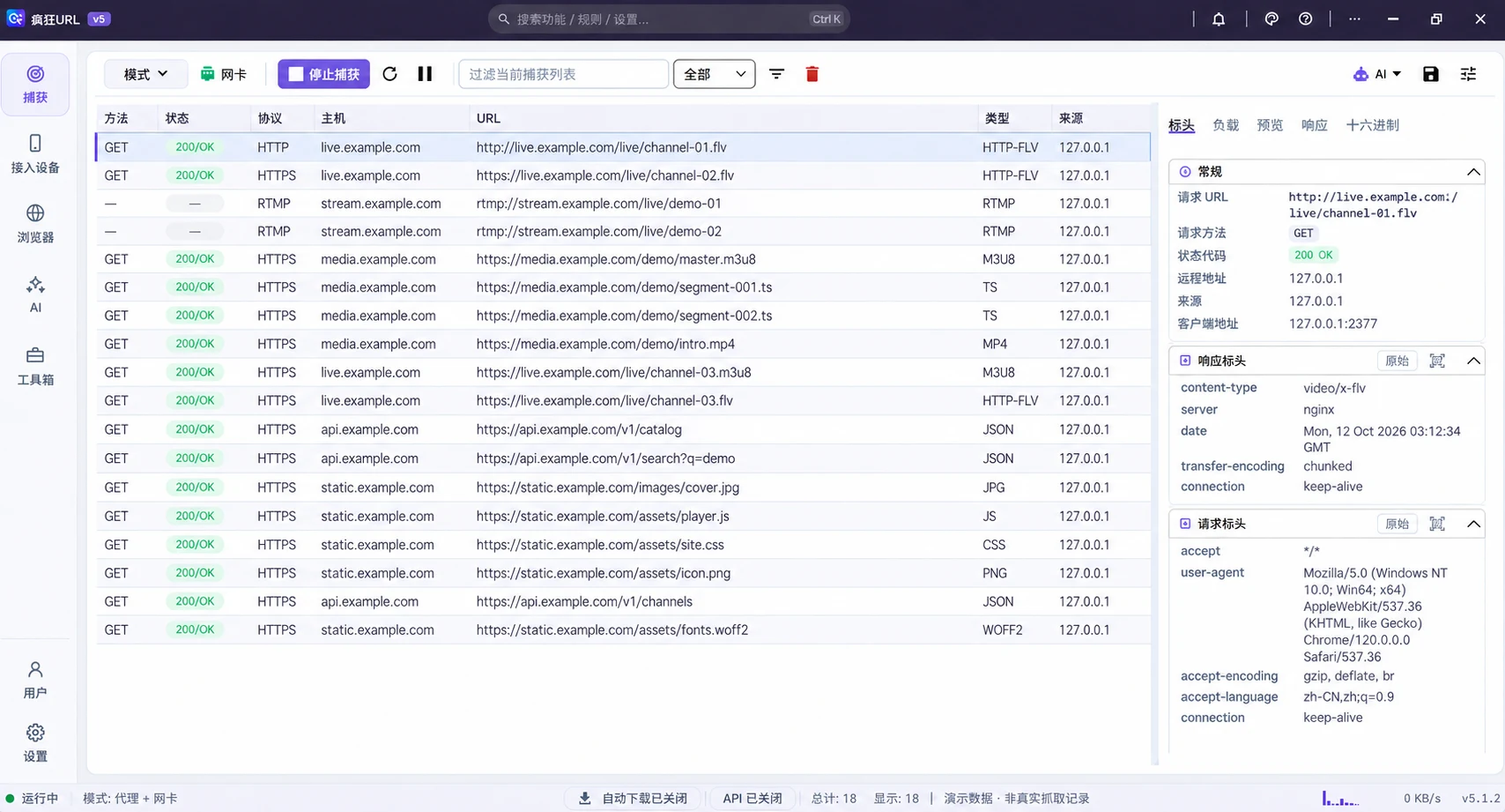 疯狂URL 5 界面演示：HTTP-FLV、RTMP 与 HLS 媒体源及请求详情